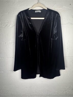 Vintage Designer Australian Black Velvet Open Button  Front Cardigan Velour L